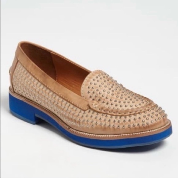 Jeffrey Campbell Tan Leather Silver Studded Blue Sole Slip On Chunky Loafer Flat - Picture 13 of 14